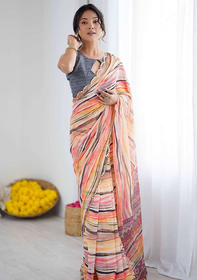 Orange Floral Georgette Saree Set for Diwali | Wedding & Festive Wear - Indya