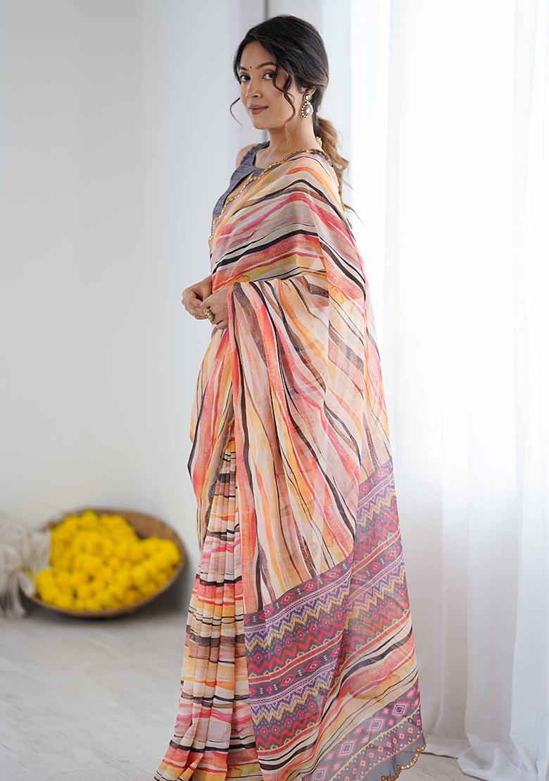 Orange Floral Georgette Saree Set - Indya