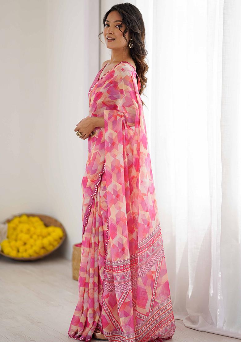 Pink Floral Georgette Saree Set - Indya