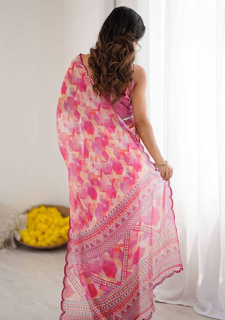 Pink Floral Georgette Saree Set for Diwali and Festive Wear - Indya