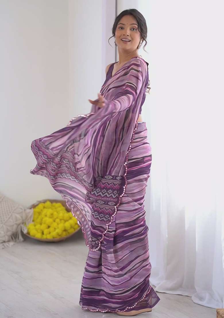Purple Floral Georgette Saree Set for Diwali | Wedding & Festive Wear - Indya