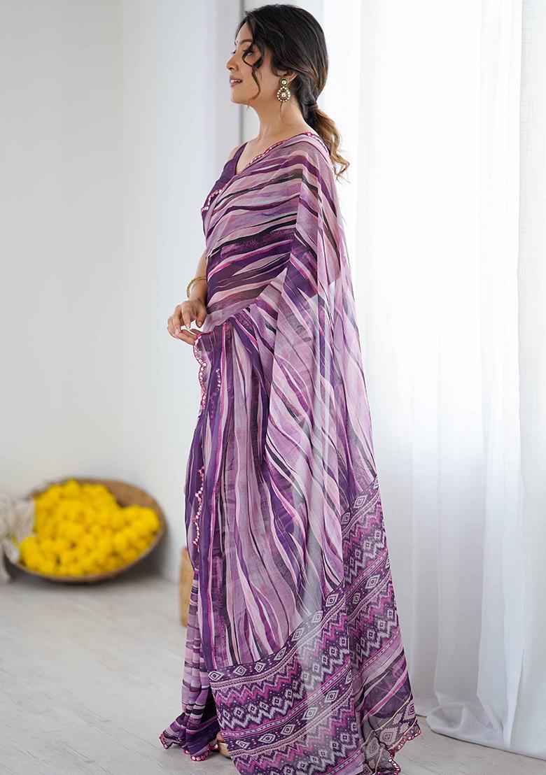 Purple Floral Georgette Saree Set - Indya