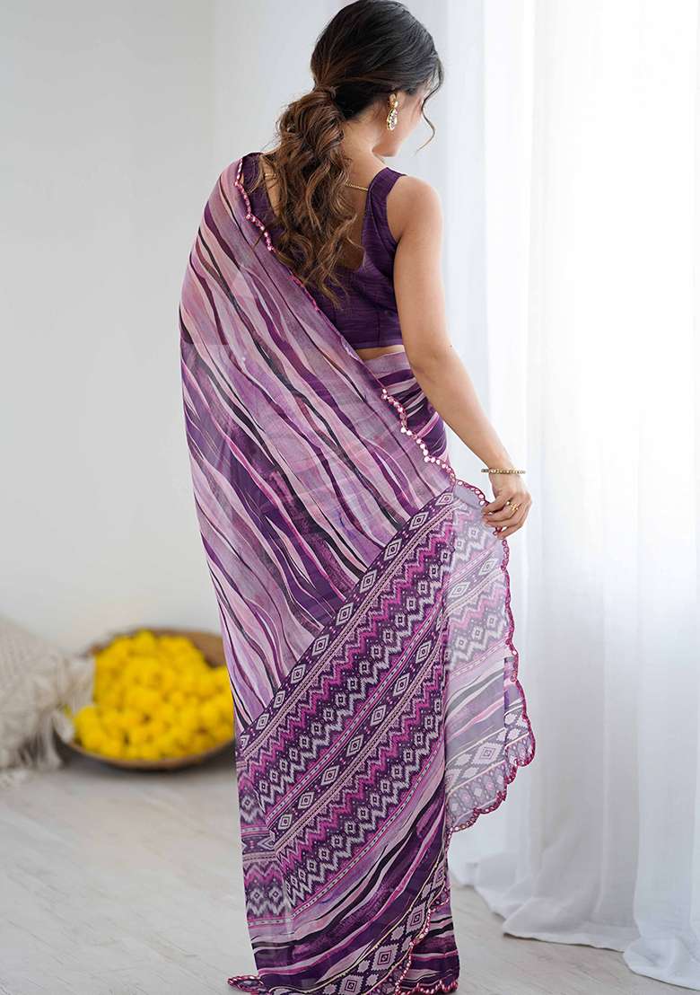Purple Floral Georgette Saree Set for Diwali | Wedding & Festive Wear - Indya