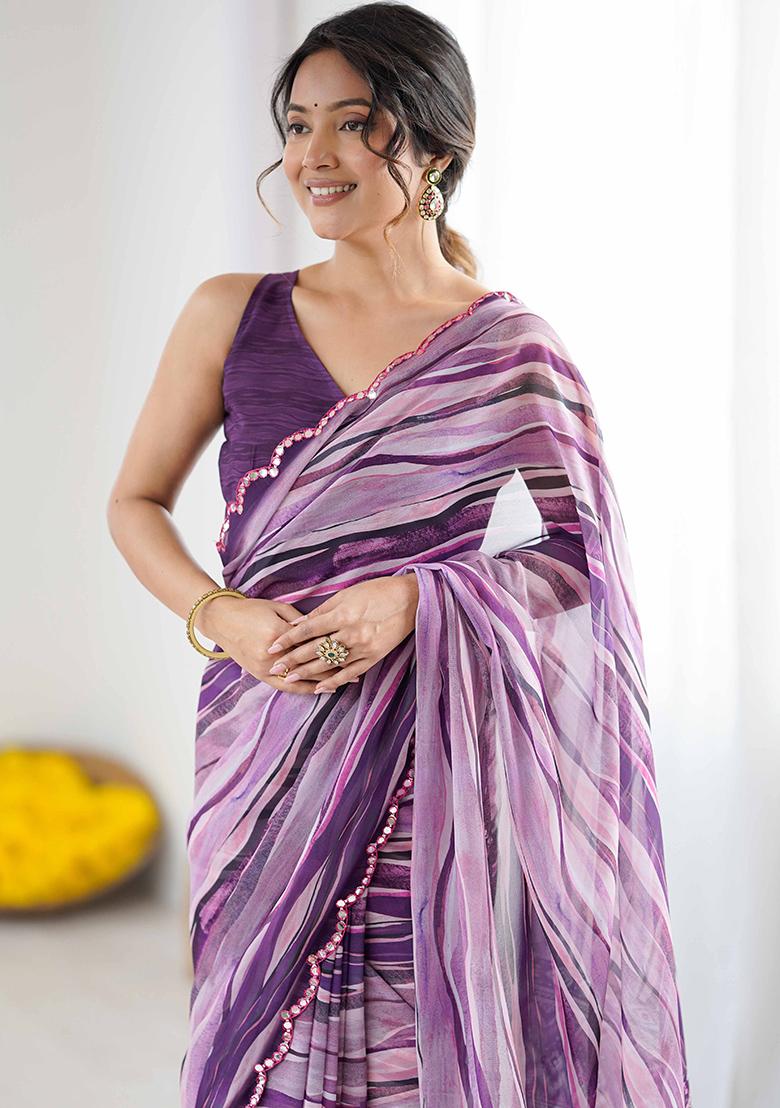 Purple Floral Georgette Saree Set - Indya