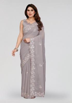 Grey Embroidery Silk Saree Set