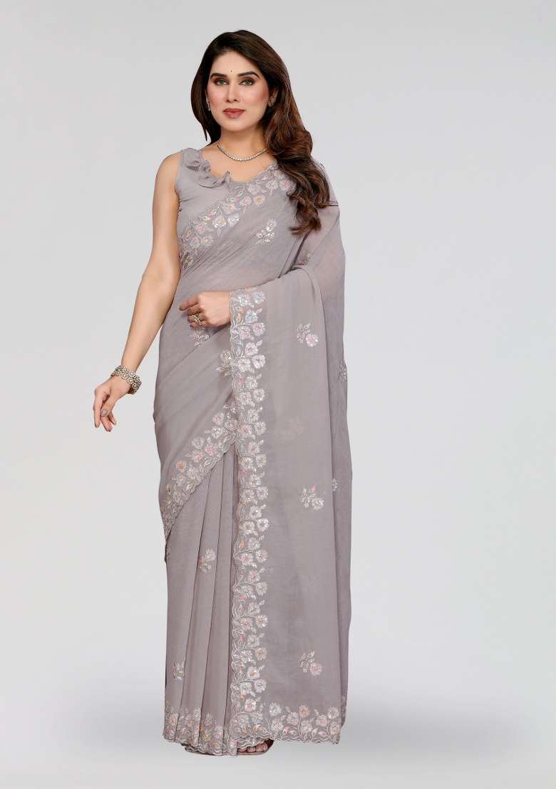 Grey Embroidery Silk Blend Saree Set for Diwali and Festive Wear - Indya