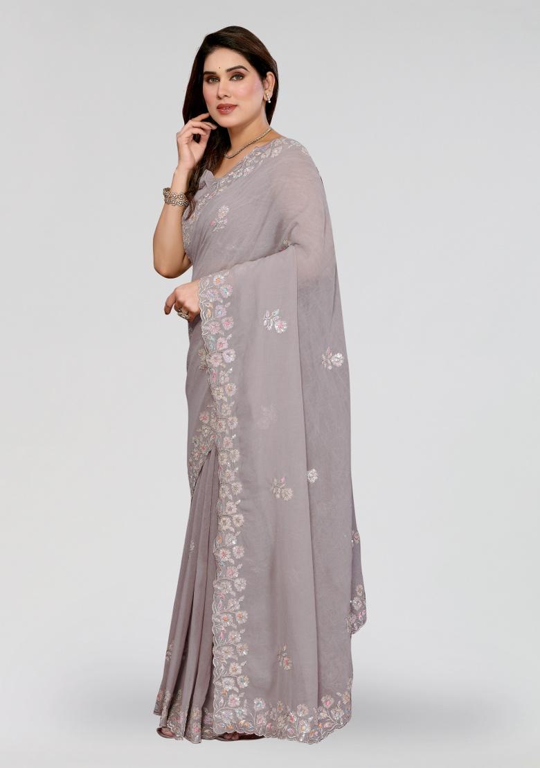 Grey Embroidery Silk Saree Set - Indya