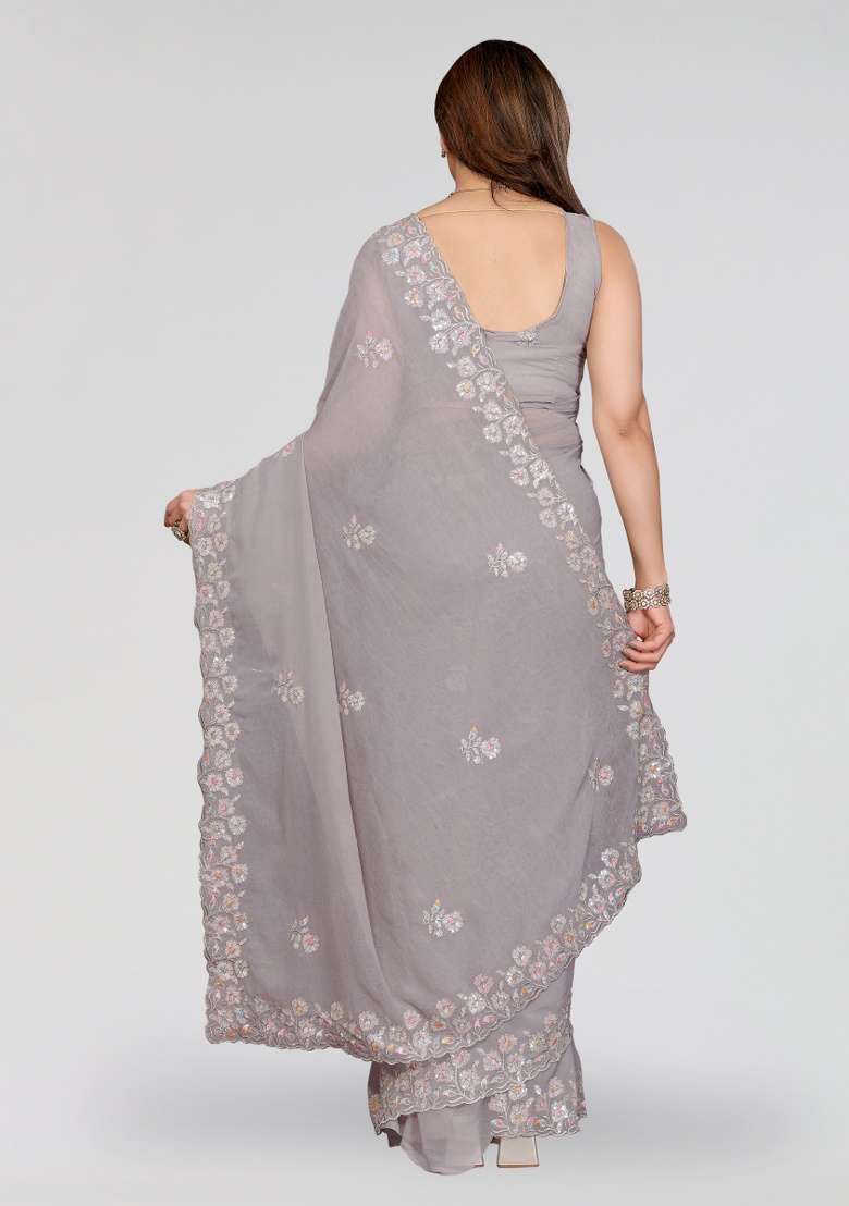 Grey Embroidery Silk Blend Saree Set for Diwali and Festive Wear - Indya