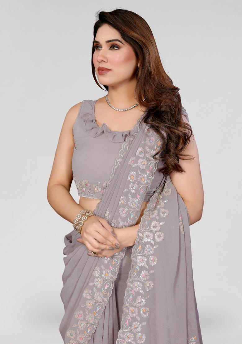 Grey Embroidery Silk Saree Set - Indya