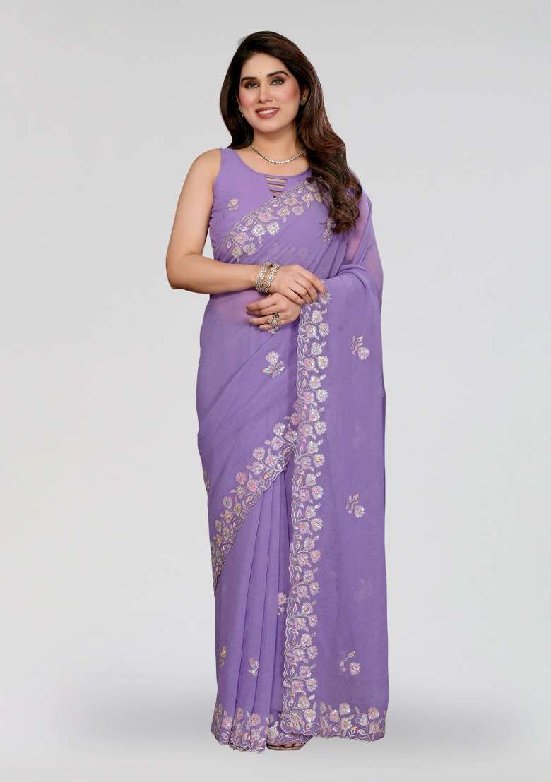 Lavender Embroidery Silk Blend Saree Set for Diwali and Festive Wear - Indya