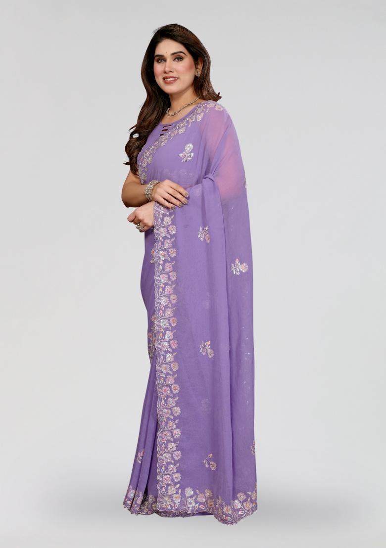 Lavender Embroidery Silk Saree Set - Indya