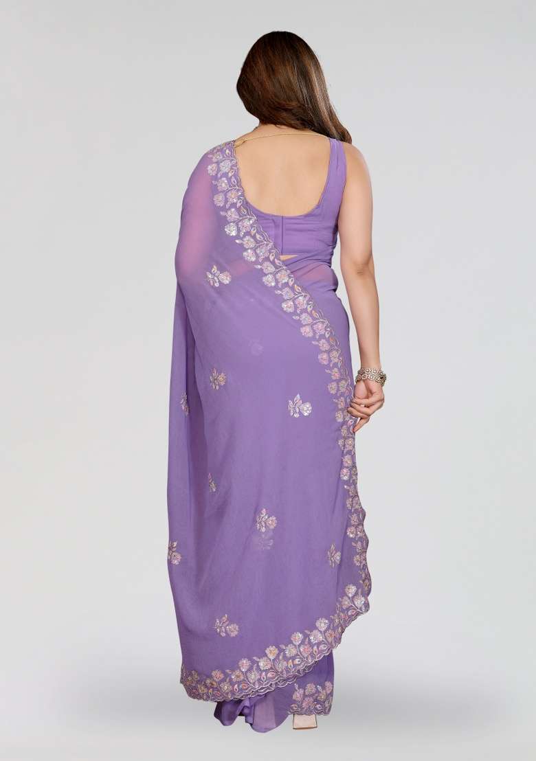 Lavender Embroidery Silk Blend Saree Set for Diwali and Festive Wear - Indya