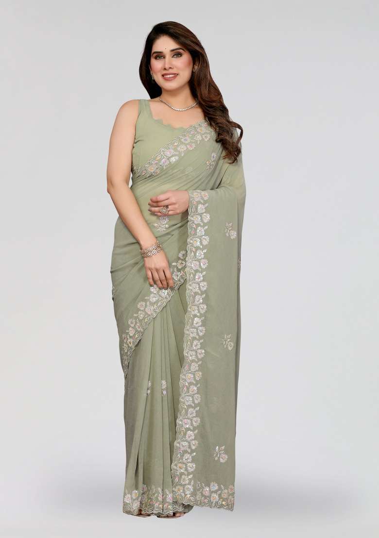 Pista Embroidery Silk Blend Saree Set for Diwali and Festive Wear - Indya