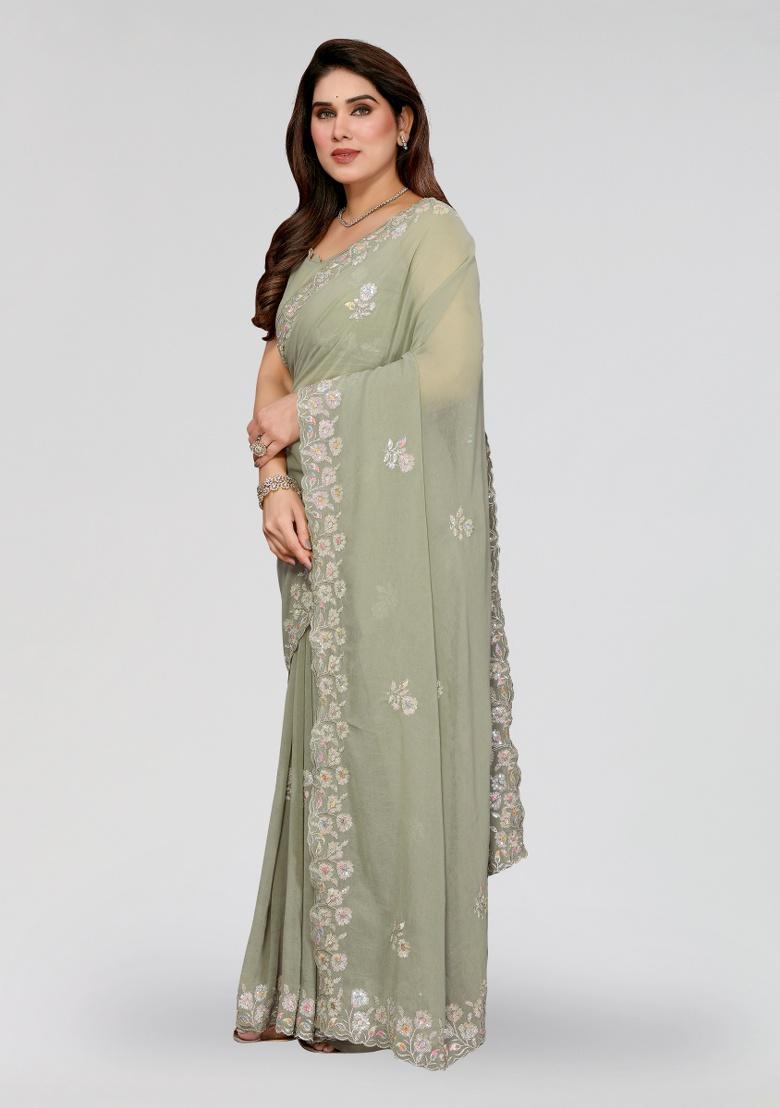 Pista Embroidery Silk Saree Set - Indya