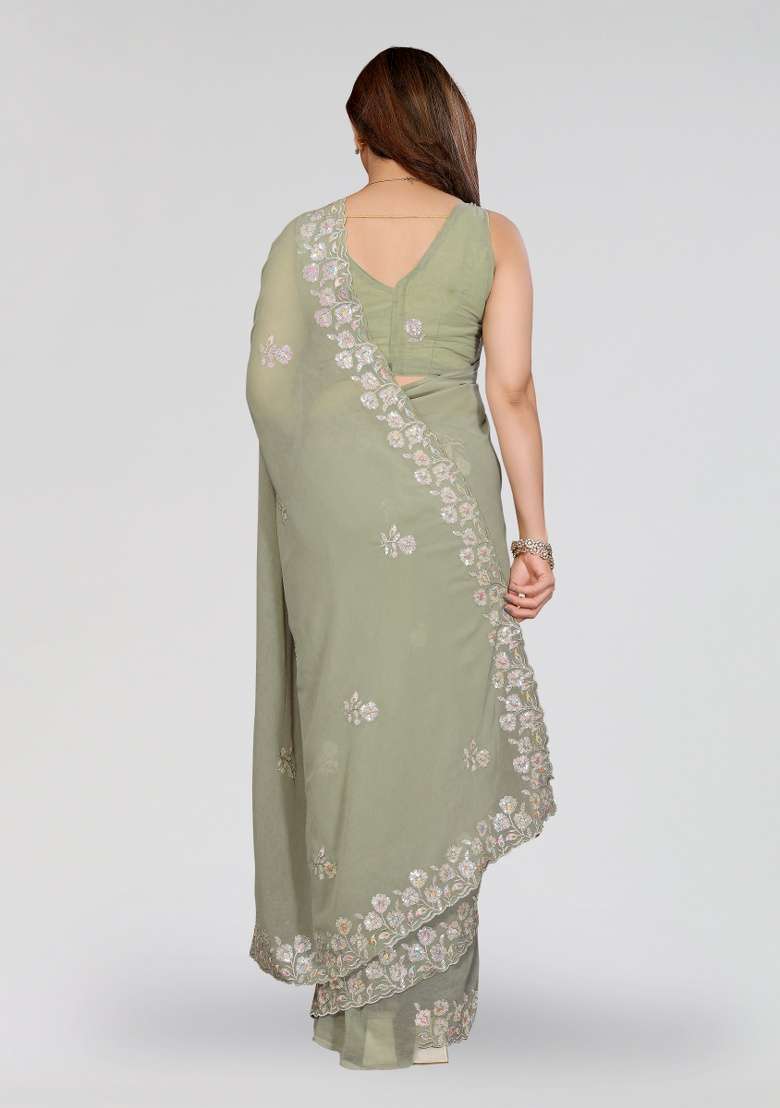 Pista Embroidery Silk Blend Saree Set for Diwali and Festive Wear - Indya