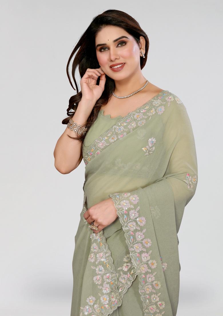 Pista Embroidery Silk Saree Set - Indya