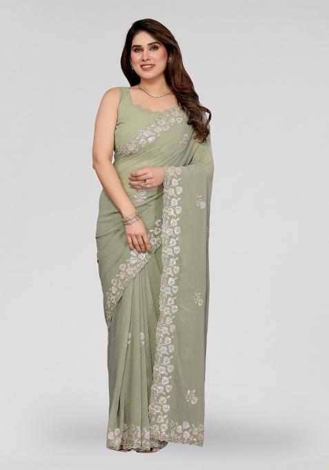 Pista Embroidery Silk Saree Set