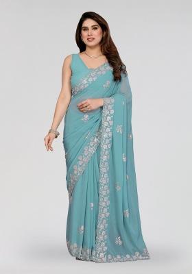 Turquoise Embroidery Silk Saree Set