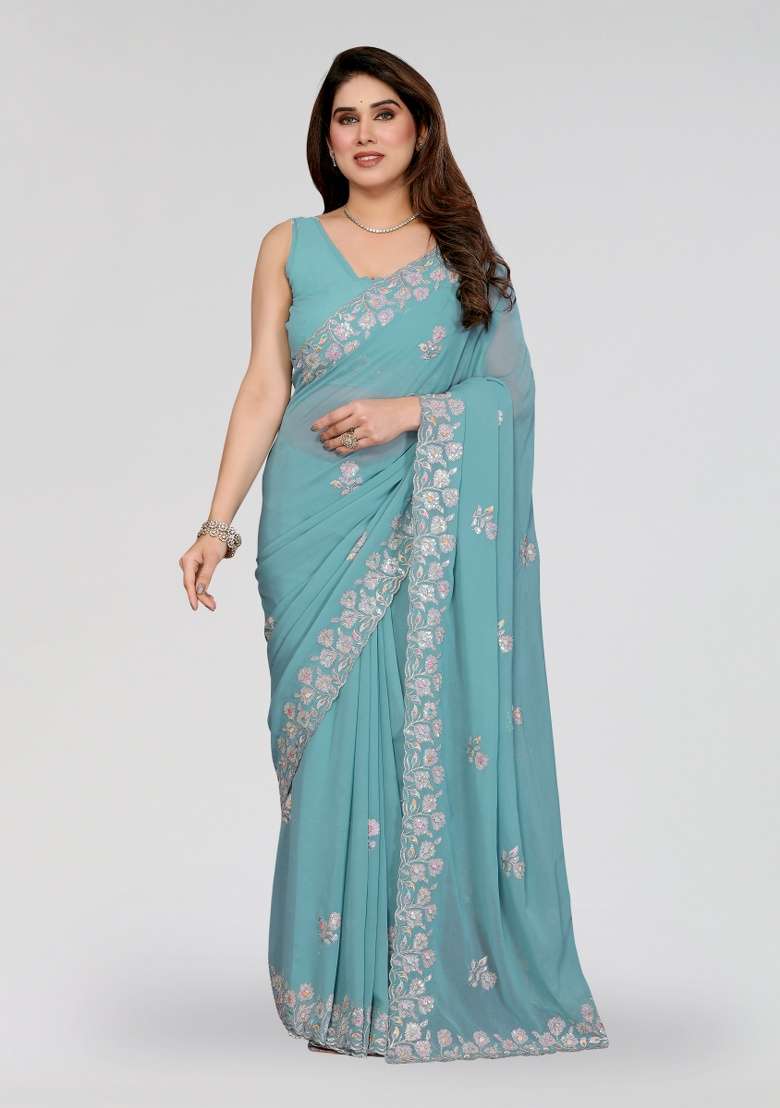Turquoise Silk Blend Saree Set with Embroidery for Diwali | Wedding & Festive Wear - Indya