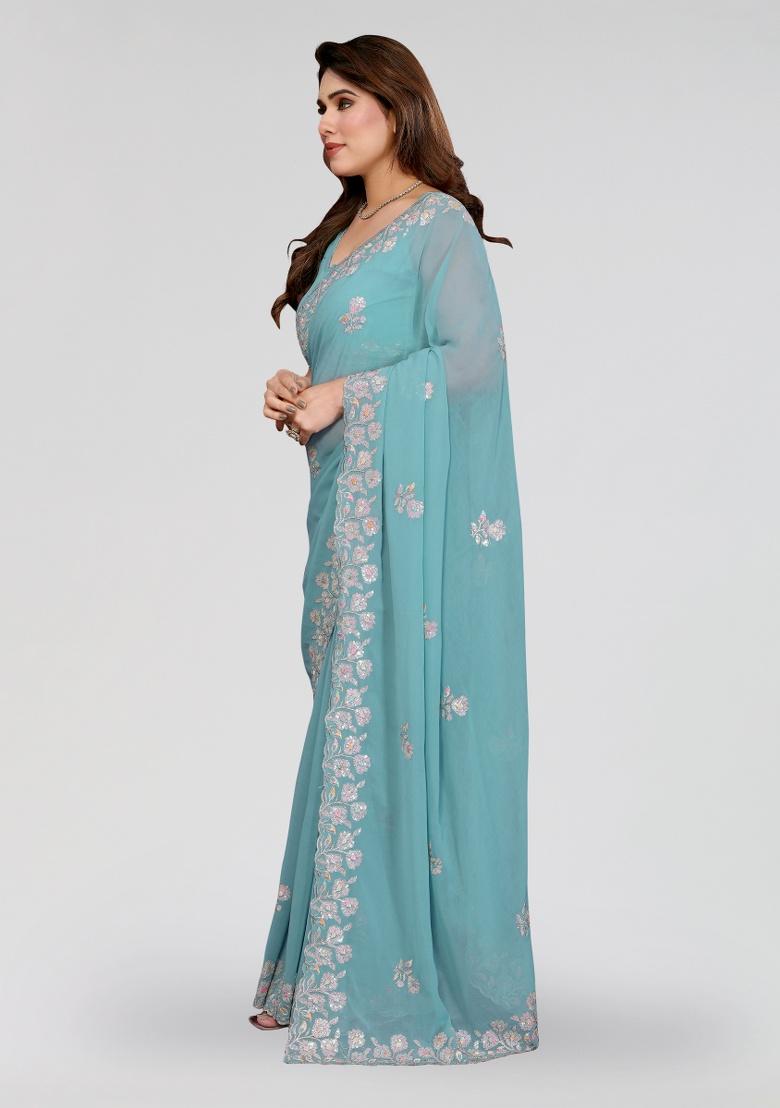Turquoise Embroidery Silk Saree Set - Indya
