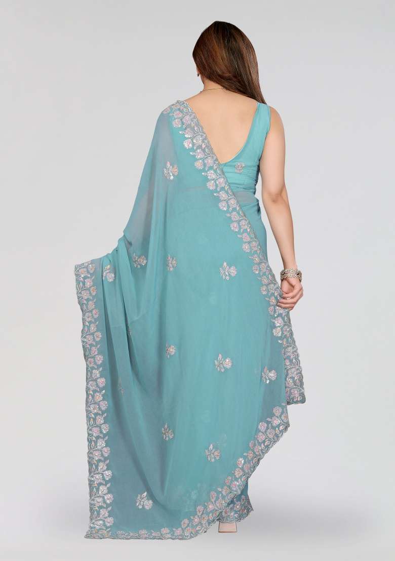 Turquoise Silk Blend Saree Set with Embroidery for Diwali | Wedding & Festive Wear - Indya