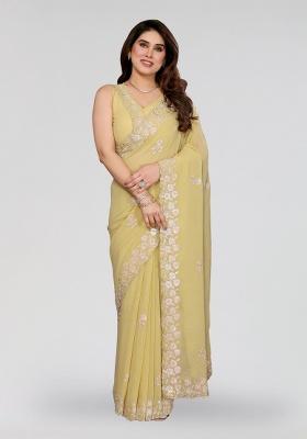 Yellow Embroidery Silk Saree Set