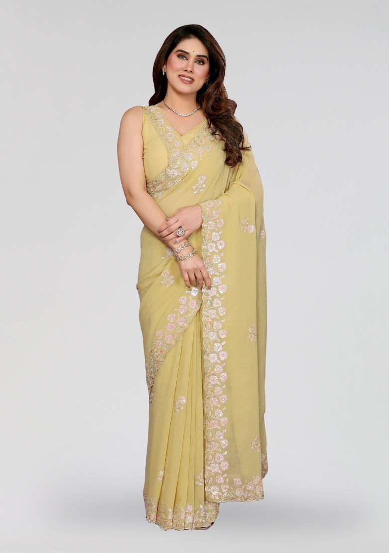 Yellow Silk Blend Saree Set with Embroidery for Diwali | Wedding & Festive Wear - Indya