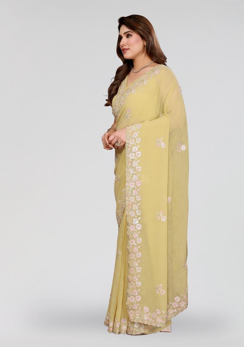 Yellow Embroidery Silk Saree Set - Indya