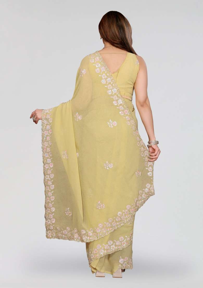 Yellow Silk Blend Saree Set with Embroidery for Diwali | Wedding & Festive Wear - Indya