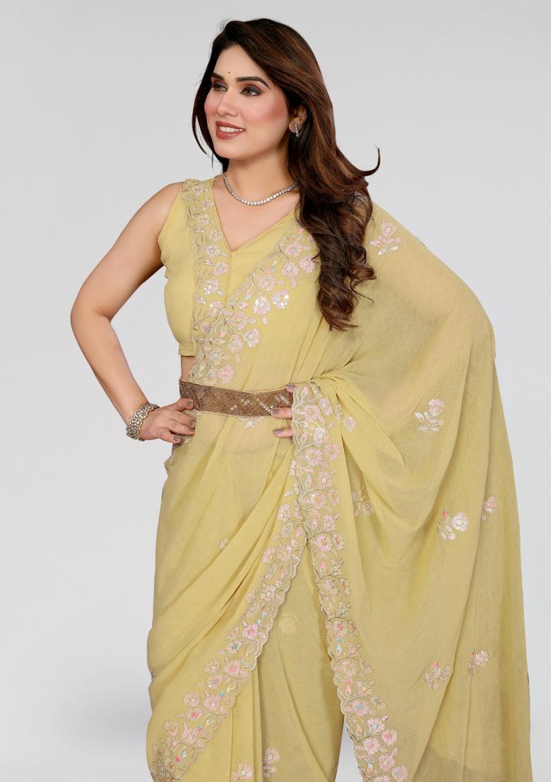 Yellow Embroidery Silk Saree Set - Indya