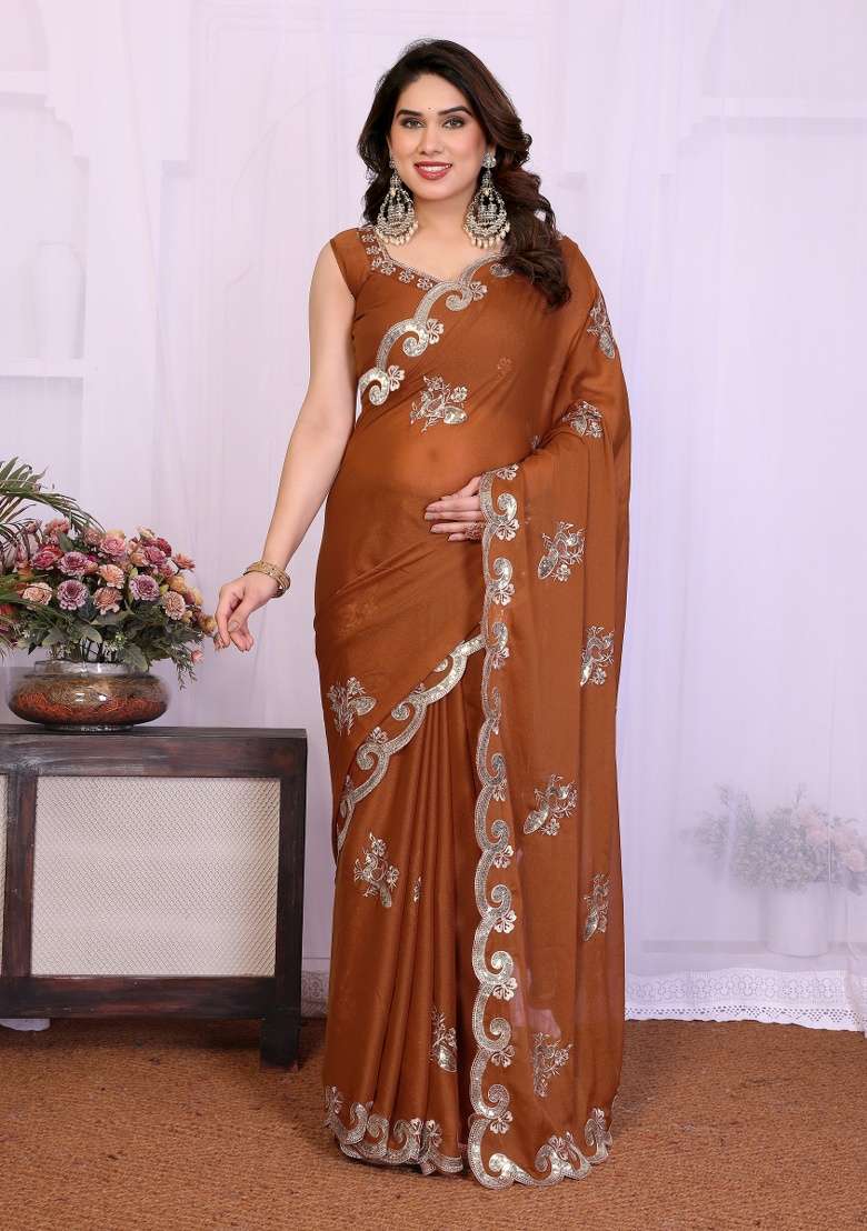 Brown Silk Blend Saree Set with Embroidery for Diwali | Wedding & Festive Wear - Indya