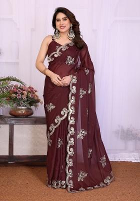 Burgundy Embroidery Silk Saree Set