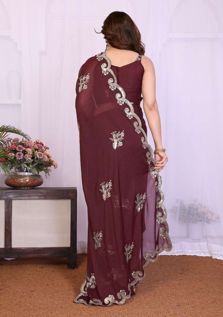 Burgundy Silk Blend Saree Set with Embroidery for Diwali | Wedding & Festive Wear - Indya