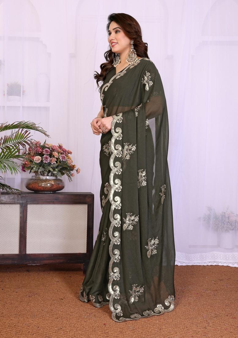 Mehendi Embroidery Silk Saree Set - Indya