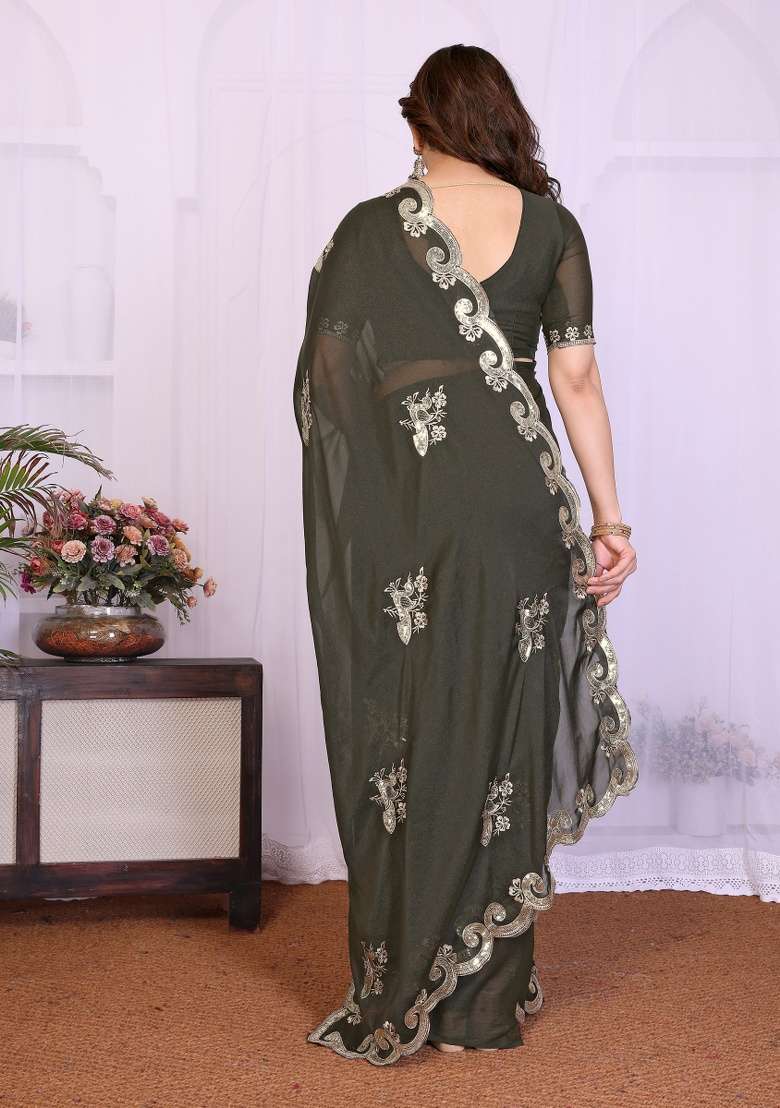 Mehendi Silk Blend Saree Set with Embroidery for Diwali | Wedding & Festive Wear - Indya