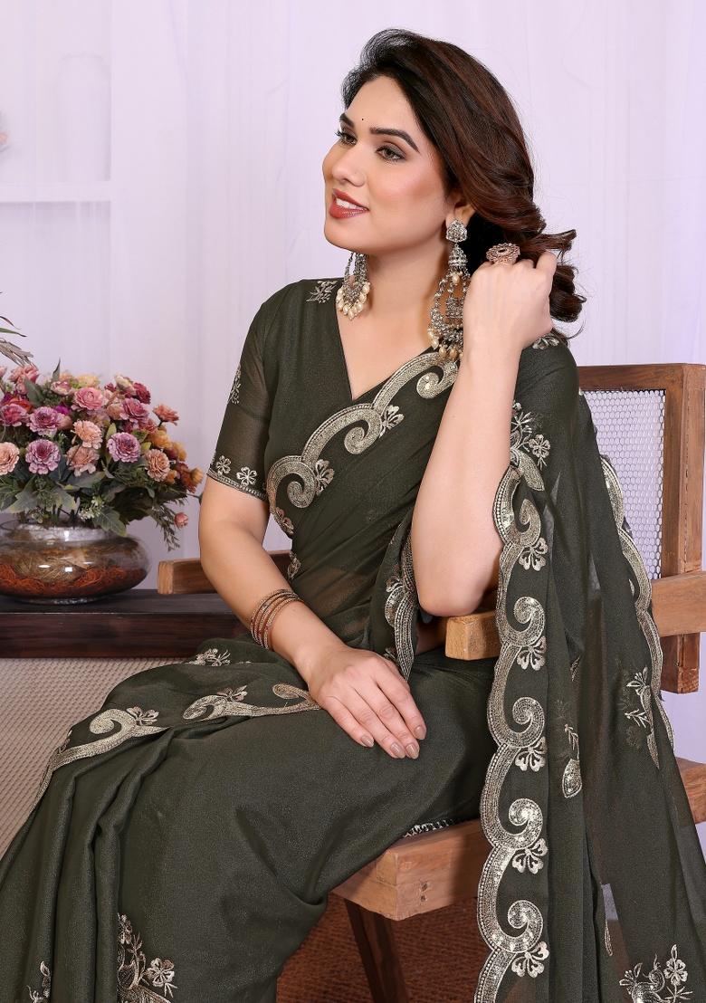 Mehendi Embroidery Silk Saree Set - Indya