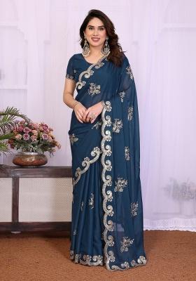 Morpeach Embroidery Silk Saree Set