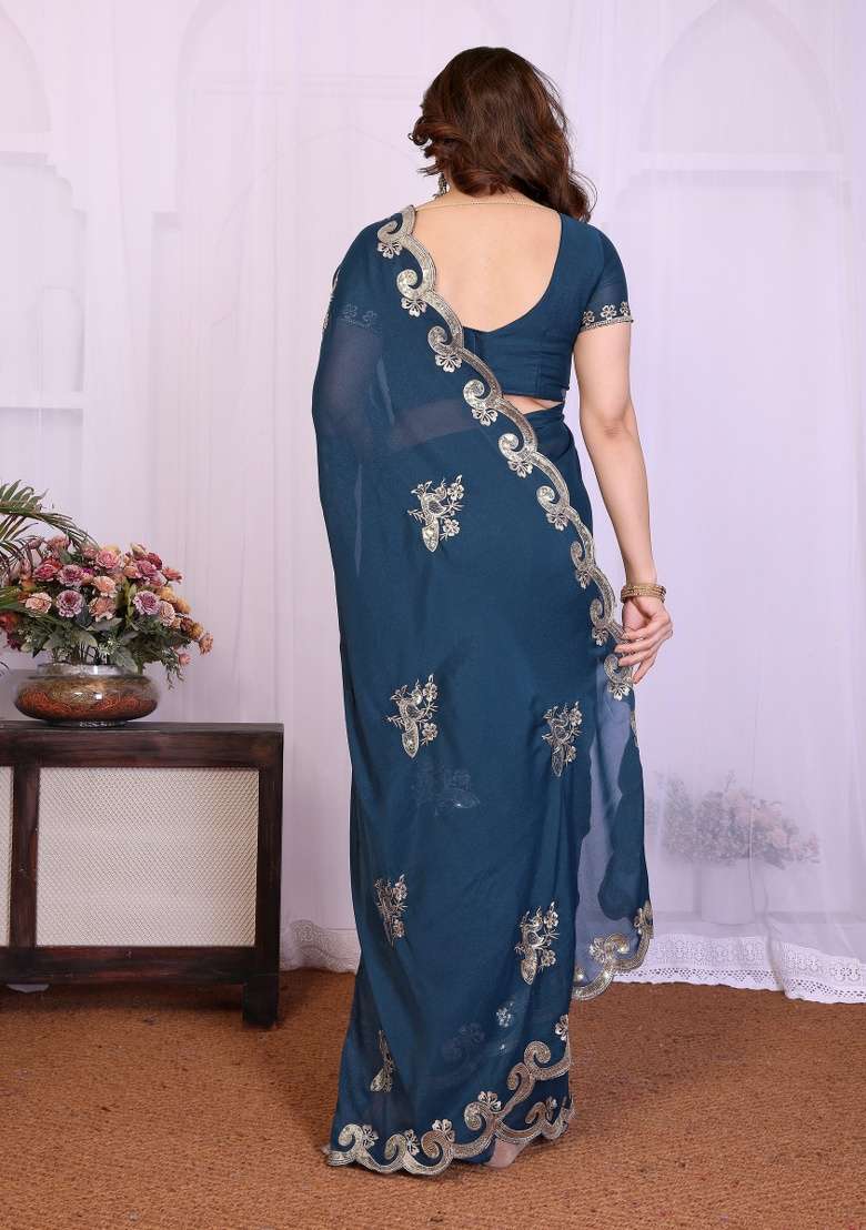 Morpeach Silk Blend Saree Set with Embroidery for Diwali | Wedding & Festive Wear - Indya