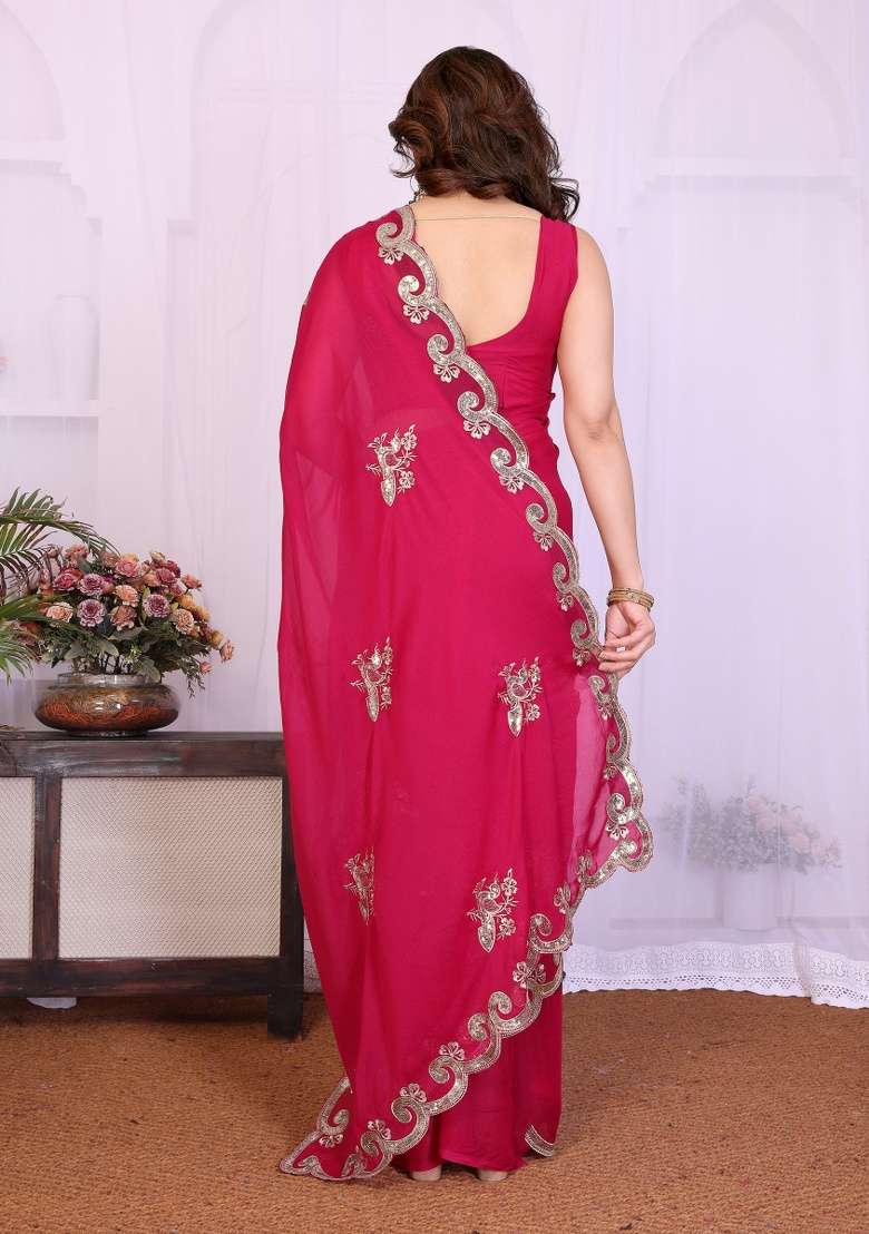 Pink Silk Blend Saree Set with Embroidery for Diwali | Wedding & Festive Wear - Indya
