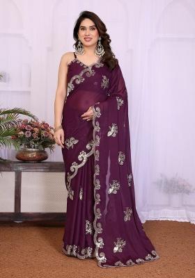 Wine Embroidery Silk Saree Set