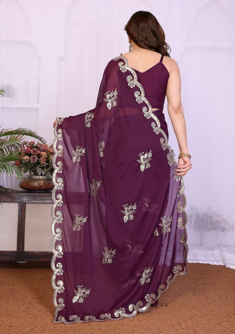 Wine Embroidery Silk Blend Saree Set for Diwali and Festive Wear - Indya