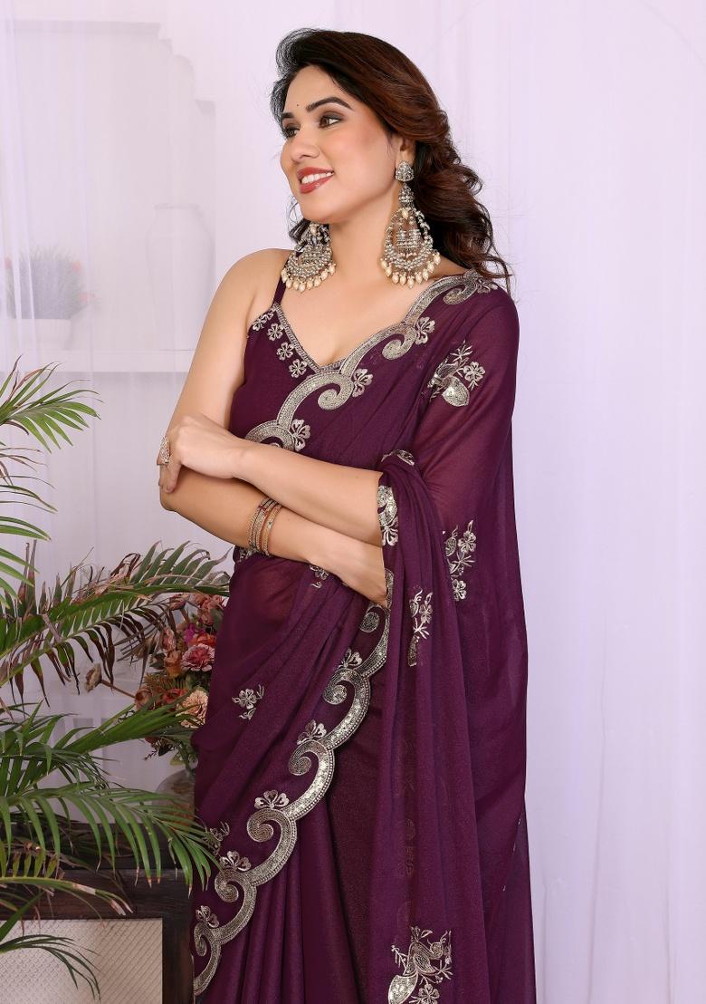 Wine Embroidery Silk Saree Set - Indya