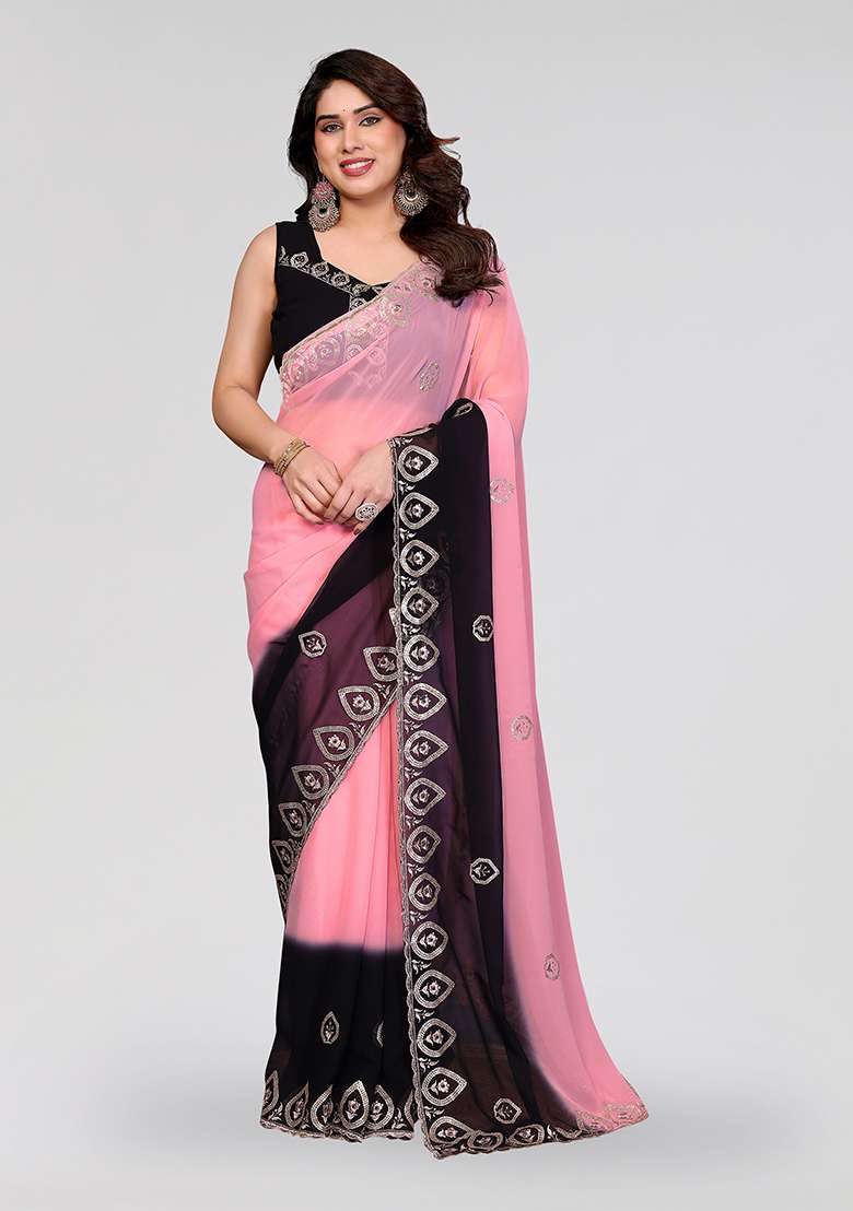 Black Embroidery Silk Blend Saree Set for Diwali and Festive Wear - Indya