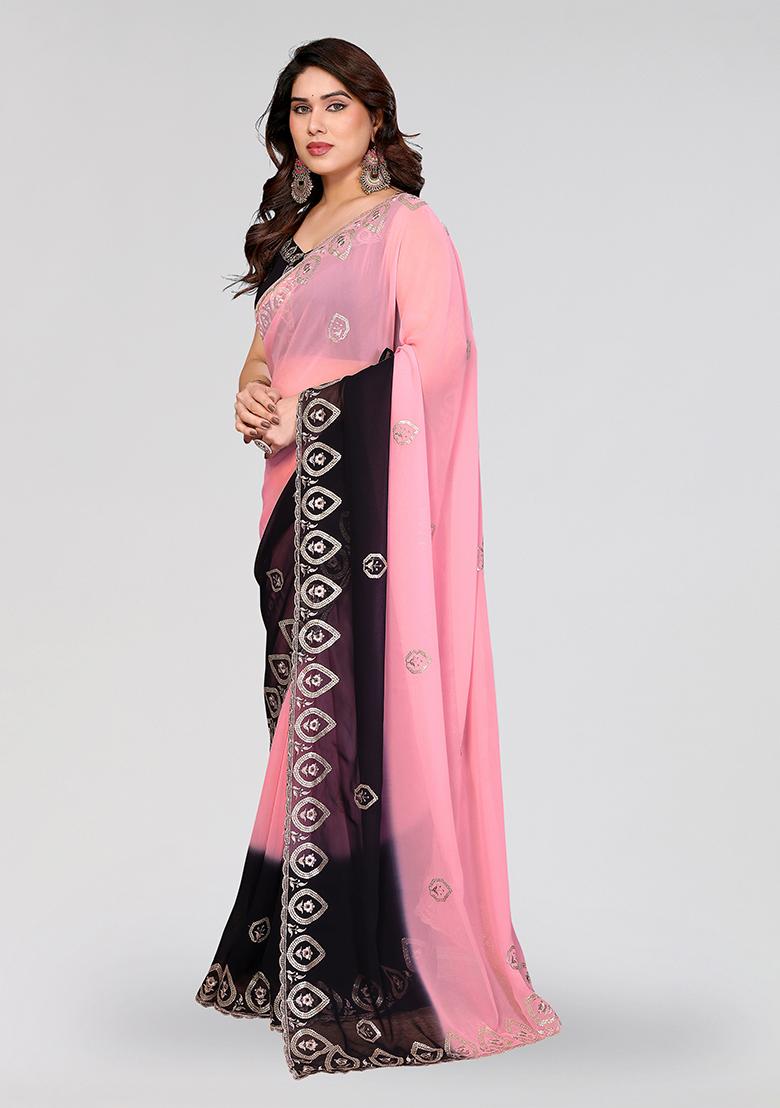 Black Embroidery Silk Saree Set - Indya
