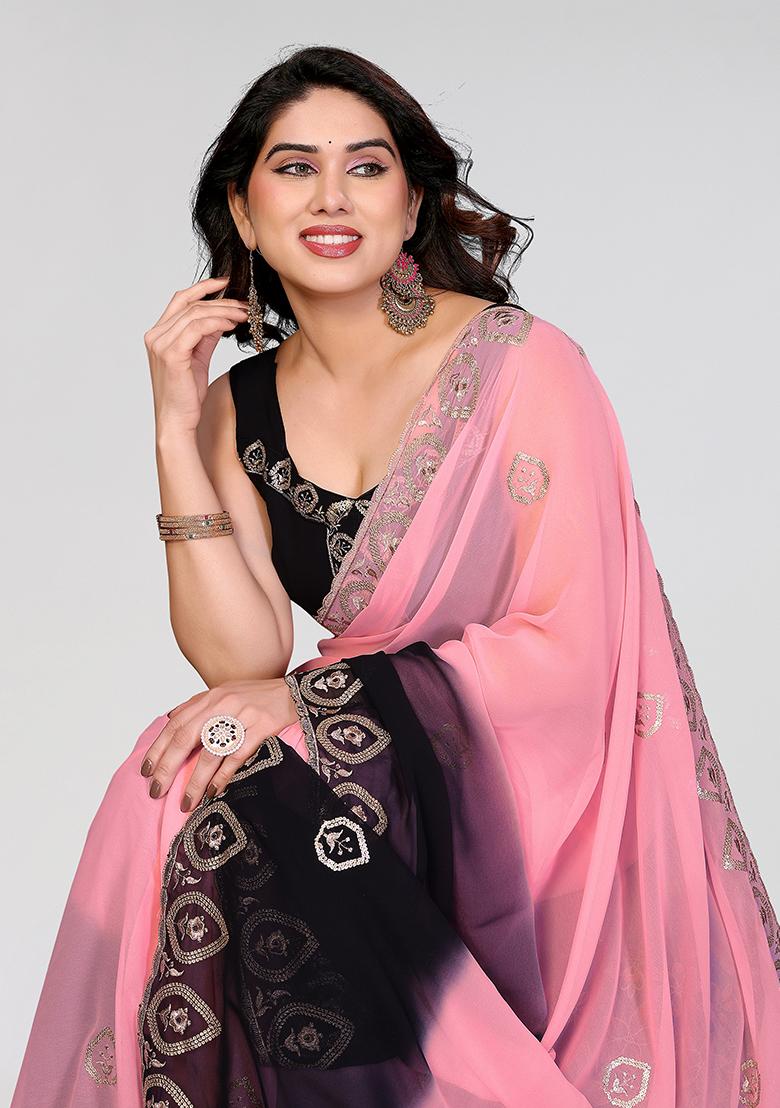 Black Embroidery Silk Saree Set - Indya