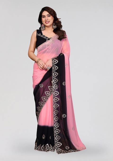 Black Embroidery Silk Saree Set