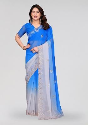 Blue And Grey Embroidery Silk Saree Set