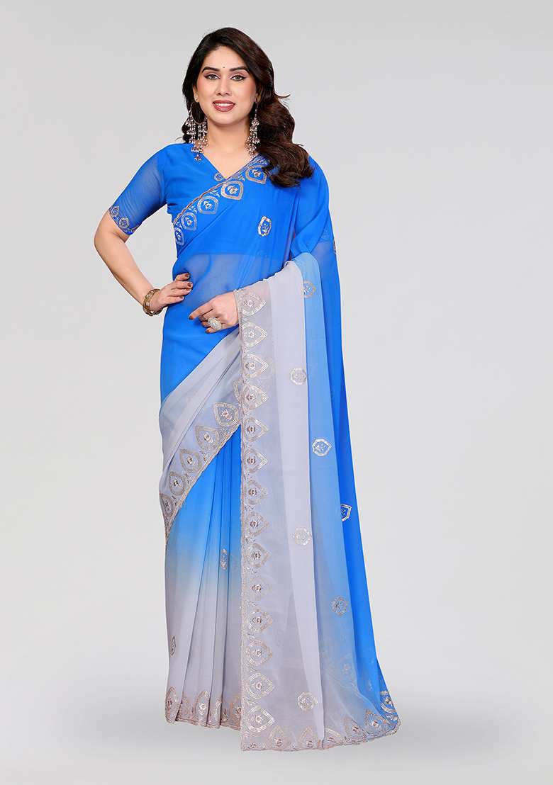 Blue And Grey Silk Blend Saree Set with Embroidery for Diwali | Wedding & Festive Wear - Indya