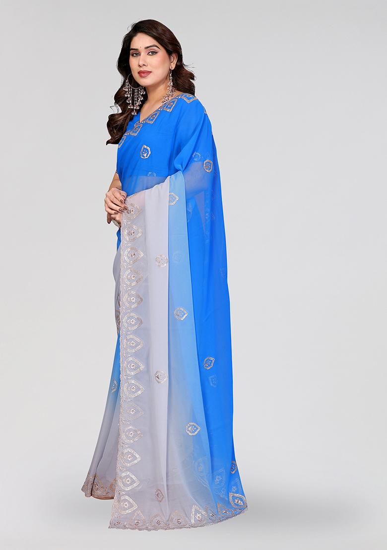 Blue And Grey Embroidery Silk Saree Set - Indya