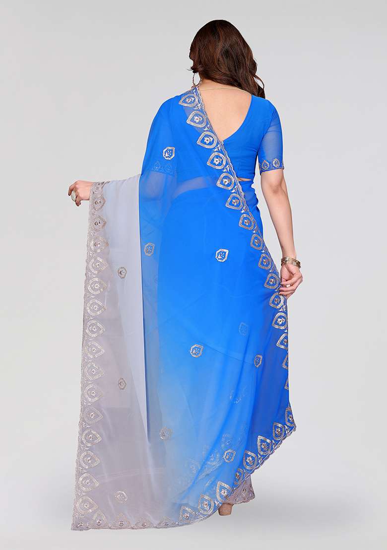 Blue And Grey Silk Blend Saree Set with Embroidery for Diwali | Wedding & Festive Wear - Indya